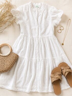Jade by Melody Tam White Cotton  Eyelet Lace Dress XS Lined Short Sleeve (a1)